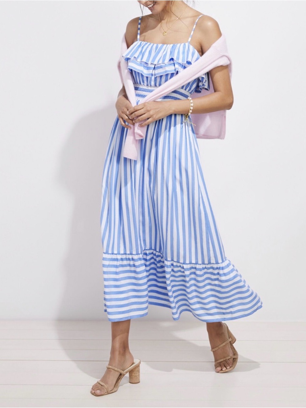 Vineyard Vines Blue & White Striped Ruffle Maxi Dress